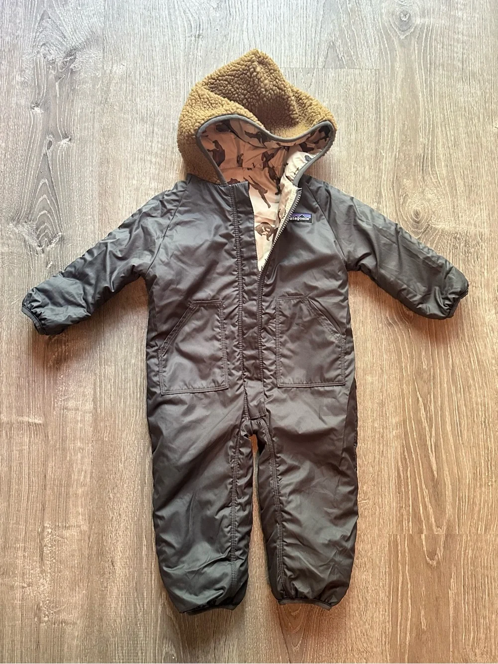 Patagonia 3-6 Month Boys Reversible Puff-Ball Bunting | Woodland Print
